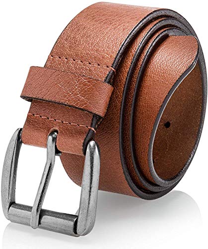 Men's Casual Jean Belt Soft Top Grain Leather Roller Buckle 38MM 1.5 inch wide Tan (40)