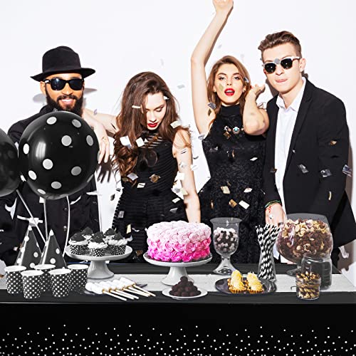 Image of Irenare 2 Pcs Black and Silver Tablecloth and Sequin Table Runner Set Polka Dots Confetti Table Cover Dining Plastic Tablecloths Glitter Decorations for Birthday Wedding Anniversary Party Supplies