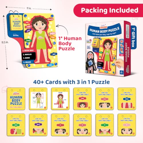 Image of Smartivity Human Body Parts Puzzle for Kids 4-7 Years | 40+ Learning Cards - Teaches Outer Body & Organs | See Bones with Magic X-RAY I Birthday Gift for Boys & Girls