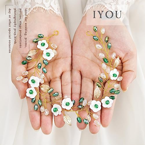 IYOU Crystal Wedding Hair Vines Green Flower Bride Headband Rhinestone Leaf Bridal Hair Accessories for Women - Image 2
