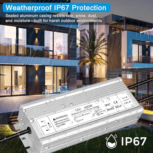 Image of 12V 400W LED Power Supply, IP67 Waterproof LED Driver, AC 90-140V to DC 12 Volt 33.3A Low Voltage Transformer Converter for Outdoor LED Strip Lights, Landscape Lighting, 3-Prong Plug with 3.3FT Cable