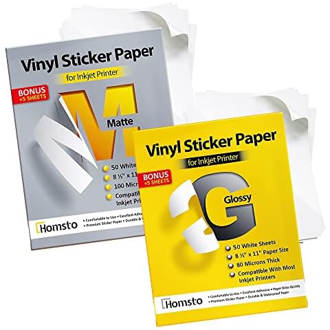 Printable Vinyl Sticker Paper for Inkjet Printer - Matte and Glossy Sticker Paper Waterproof - 50 Matte and 50 Glossy Sticker Sheets for Printer - Tear and Scratch Resistant, Quick Dry Cover