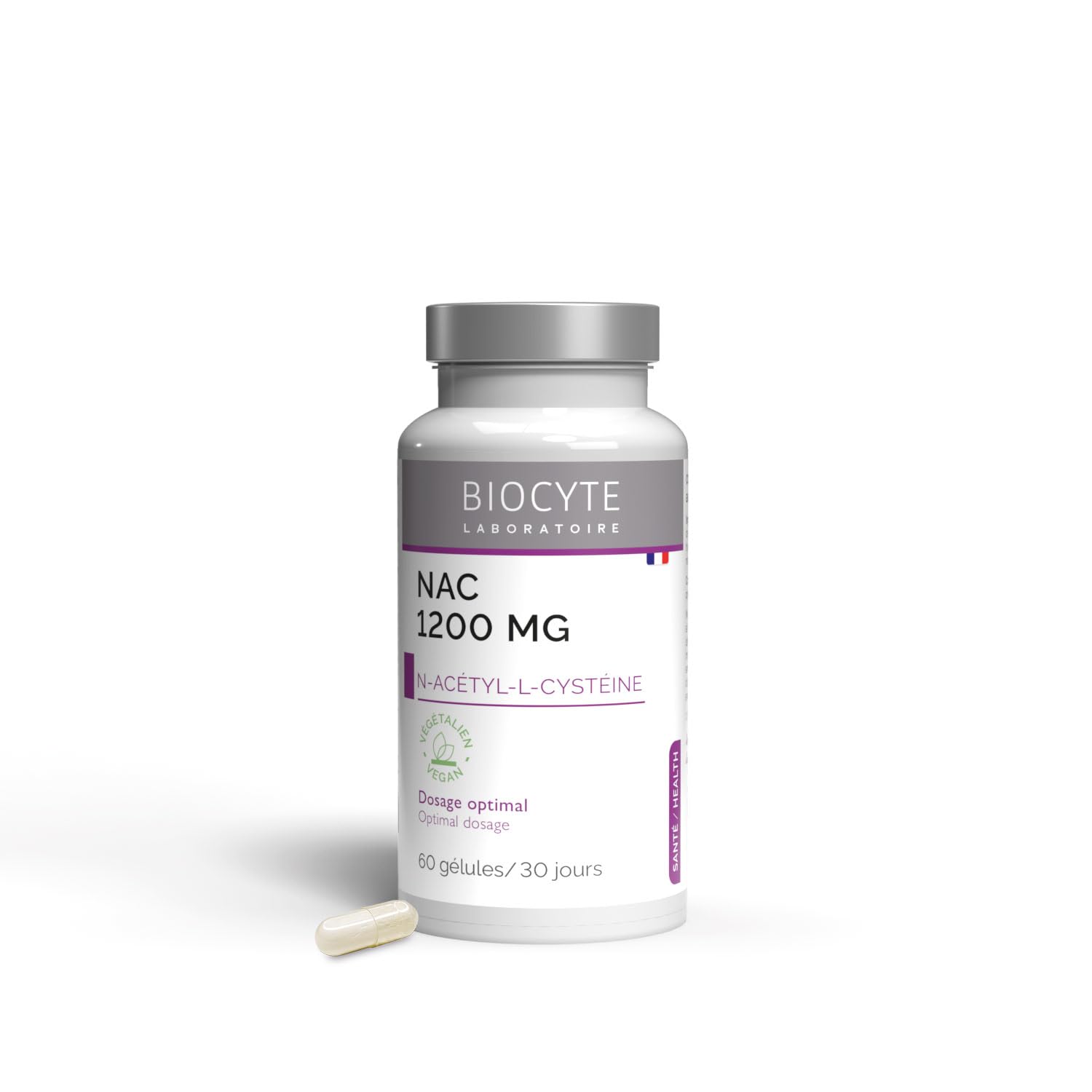 BIOCYTE NAC 1200 mg Dosage Optimal - Anti-oxydant, Synthèse du Gluthation - N-acétyl L-cystéine 1200 mg - Complément alimentaire 60 gélules - Végétalien, Fabriqué en France