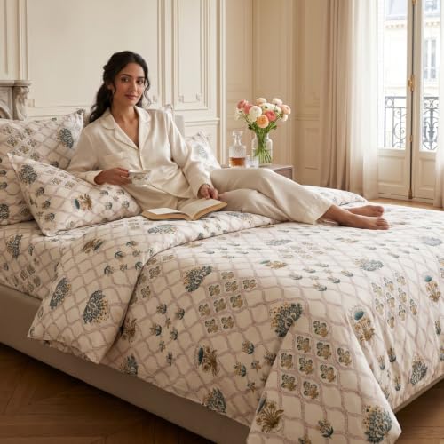 Image of Haus & Kinder Double Bed Bedsheet for Queen Size Bed, Queen Size Bed Sheet with 2 Pillow Covers 90 Inch x 100 Inch | Premium Soft & Silky Pure Cotton 186 TC Double Bedsheet | Secret Garden