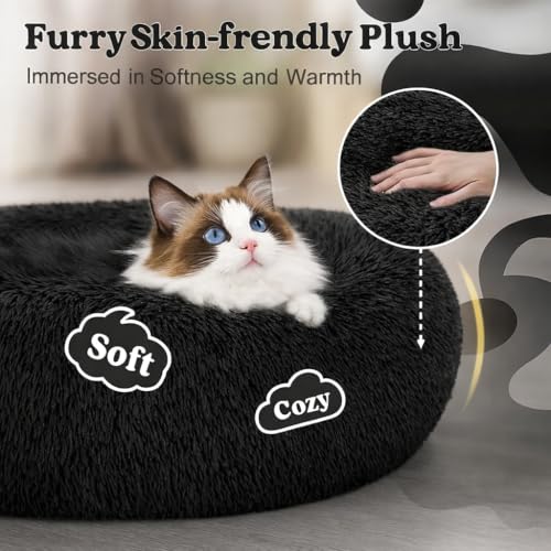 Image of ZEXSAZONE Black Plush Dog Bed Summer - Anti-Anxiety Round Donut Pet Bed with Raised Edges | Soft Faux Fur Calming Bed for Puppies, Cats & Small Dogs | Machine Washable