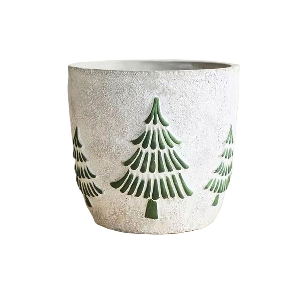 LIBANGRONG-888 Plant Pots White Round Flower Pot, Green Tree Pattern Cement Plant, with Drainage Hole, for Decorate Living Room Bedroom Garden Flower Planter Pot