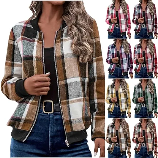 Womens Plaid Shirt Zip Up Long Sleeve Shackets Bomber Jackets Lightweight Casual Coats Outerwear Jacket with Pockets Comfy Relaxed Coat Outfits Fall Soft Workout Warm Up Blank Hoodie