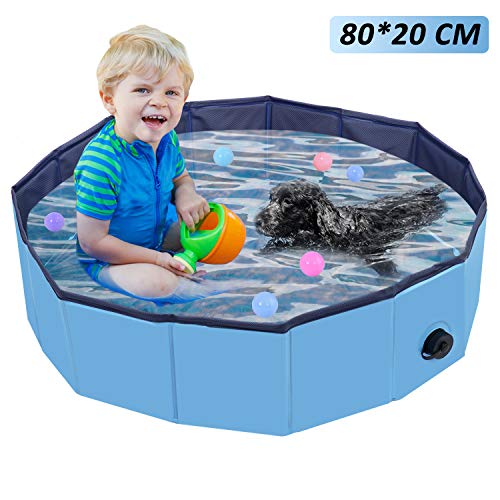 Foldable Dog Pool Pet Bathing Tub,Dog Paddling Pool,Pets Bathtub,Eco-friendly PVC non-slip, Pet Swimming Pool with Drain Valve,Outdoor Bathing Tub for Dogs Cats and Kids (80x20CM)
