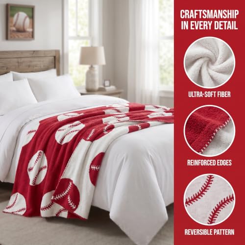 Image of Ultra Soft Cozy Happy Baseball Sports Knitted Throw Blanket Fluffy Microfiber Bed Blanket Lightweight Both Sides Blanket for Couch Sofa Bed Red
