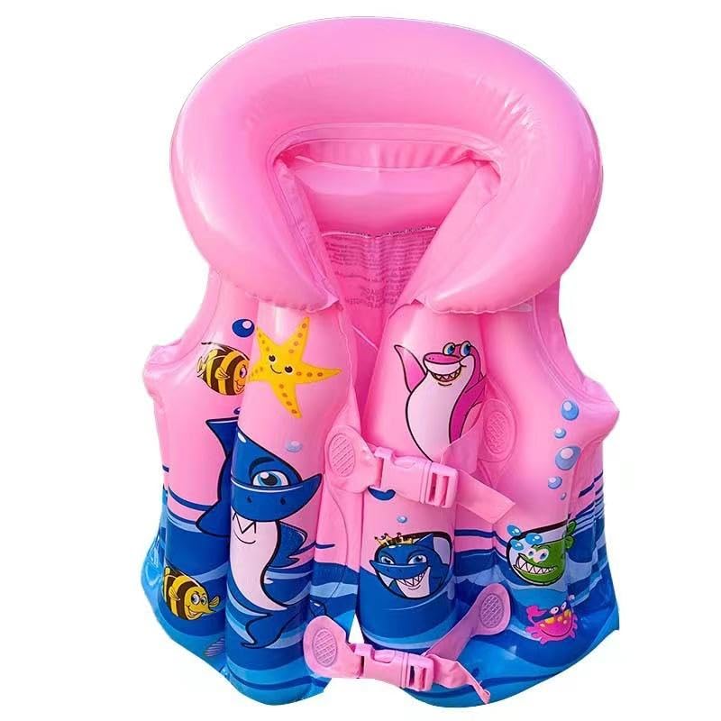 GNEY Kids Inflatable Swim Vest Life Jacket with Arm Floaties,Adjustable Double Buckle Safety Float for Toddlers & Children,Cartoon Design Pool & Beach Swim Aid (Pink & Blue)-image-4