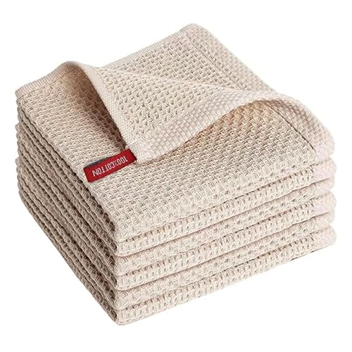 Image of Cotton Kitchen Dish Cloths, 6 Pack Super Absorbent and Lint Free Waffle Weave Dish Towels, Fast Drying Dish Rags for Washing Dishes, 13.4 X 13.4 Inch, Black (Beige, Pack of 6)