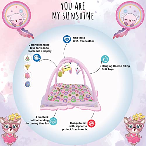 Image of Kwitchy Baby Bedding Set New Born Baby Bed Mattress with Mosquito Net Play Gym Bed with Hanging Toys (0-6 Months, Pink)