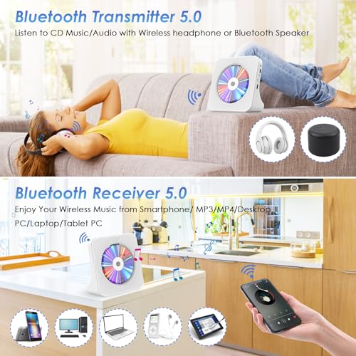 Gueray DVD Player HDMI CD Player Bluetooth mit Lautsprecher Unterstützt Fernbedienung Anzeige FM Radio mit CD Player USB- Kartenwiedergabe 3,5 mm AUX Wecker Kopfhöreranschluss Staubschutzhülle Weiß – Bild 5