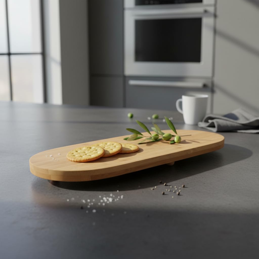 Deconox Ayaklı Bambu Sunum Tabakları, Ayaklı Bambu Sunumluk, Kek, Börek, Çörek ve Çikolata Sunum Tepsisi Yuvarlak Kenarlı Oval Sunumluk (32xm*12cm*1,5cm)