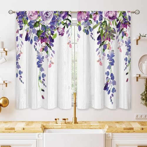 oolygoo Purple Wisteria Floral Small Kitchen Curtains Lilac Window Treatment Rustic Flower Blossom Wooden Country Cafe Short Window Curtains for Bathroom Dining Room Tier Drapes 27.5×39 inch