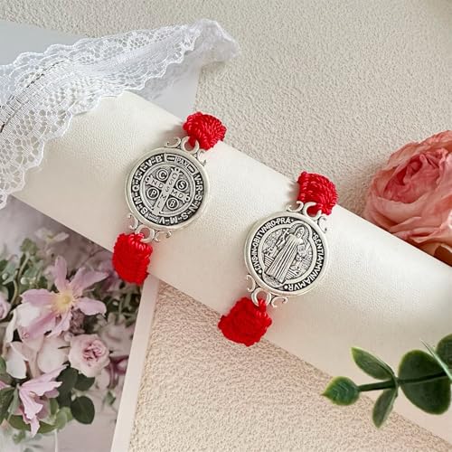2 Pcs Red ST Benedict Bracelets Catholic Rosary Gifts Black Saint Benedict Bracelet Adjustable Blue String Medalla De San Benito Religious Gifts For Men Women3