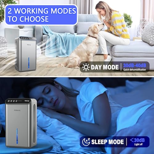 Image of Dehumidifiers for Home (85 OZ Water Tank, 800 sq.ft) Quiet Small Dehumidifier for Basement Bedroom Bathroom with Drain Hose, 3 Gear Timer, Sleep Mode, Auto Shut Off, 7 Color Ambient Light