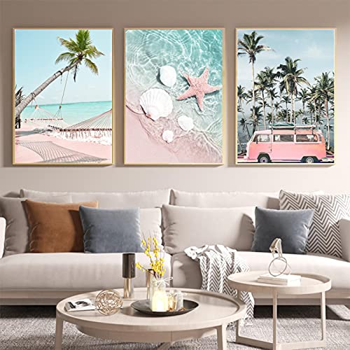 3 Stuk Roze Strand Palm Tree Canvas Schilderij Muur Art voor Woonkamer Meisjes Slaapkamer Badkamer Plant Foto's Dorm… - Afbeelding 3