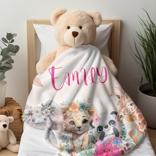 Image of Personalized Baby Blanket with Name, Custom Jungle Animal Blanket for Toddler Boys & Girls, Soft Cozy Newborn Baby Blanket, Customized Easter Throw Gifts for Kids, Nursery Decor