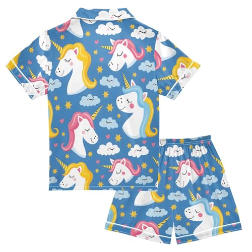 ALAZA Cute Unicorn Cloud Star Blue Satin Pajamas Set Short Sleeve Button Down Sleepwear Summer Pjs 2 Piece2