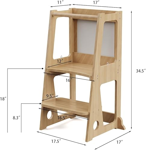 Miniatura 2 de Taburete de cocina 4 en 1 para niños pequeños, taburete de torre de aprendizaje para niños con riel de seguridad y tabla blanca para escribir