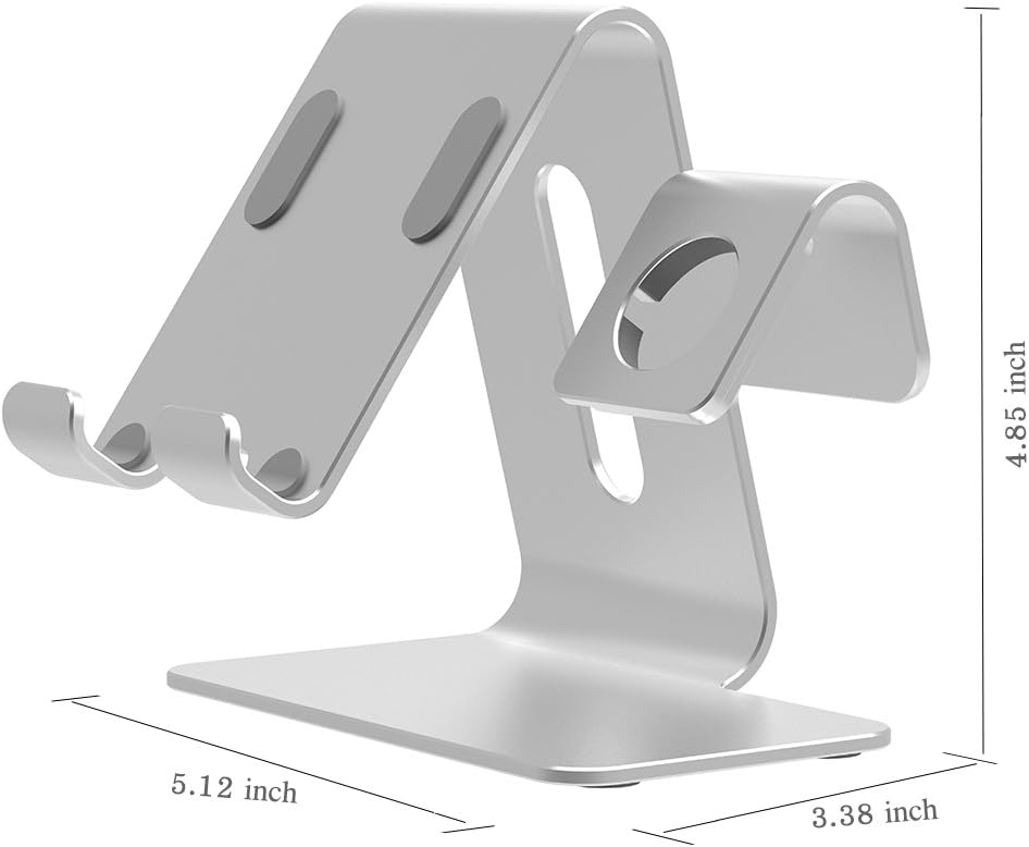 [Updated Version C] Nalostyle Cell Phone Stand Compatible Iwatch Charging Stand,Tablet Stand,2 in 1 Universal Aluminum Phone Dock Station for All Smartphone,Iwatch(38-42mm),Tablet(Up to 12.9")-Silver