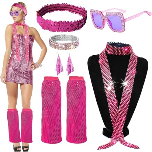 AUNGCSHE 6 Pièces Déguisement Disco Femme Année 1970, Accessoire Disco Lunette, Bandeau, Bracelet, Boucles D’oreilles, Écharpe à Paillettes, Deguisement Annee 80 Annee 70 pour Carnaval (Fuchsia)