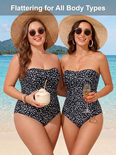 Image of Smismivo Tummy Control Swimwear Strapless One Piece Swimsuit Ruched Bathing Suits for Women Slimming Bandeau Tube Top Bikini