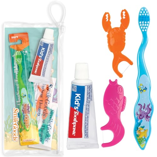 Practicon FlosSeas Child Dental Care Kit Travel Size Bundle w/Assorted Color Toothbrush Kids Toothpaste and Flossers TSA Friendly Kids Oral Care Kit