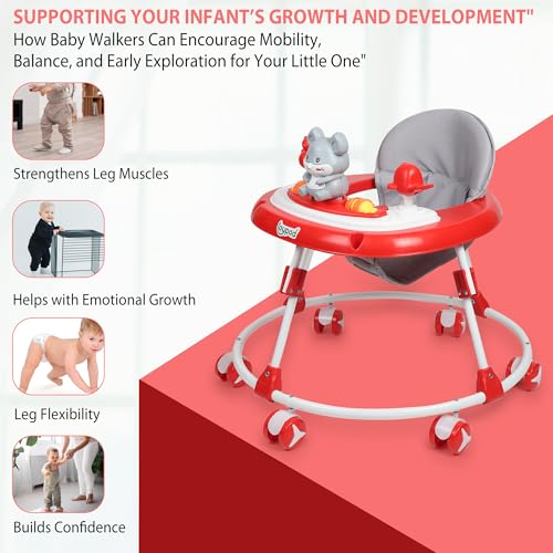 Image of JoyRide Musical Baby Walker with Adjustable Seat, Interactive Toy Bar, Foldable Design, 6-18 Months (Red)