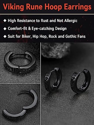 Punk Hoop Earrings For Men Black Stainless Steel Norse Viking Rune Ear Hoops Woman Birthday Party Gift #TOP3