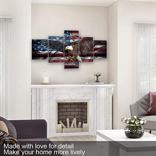 Wall Hdq American Flag Wall Art Vintage Usa Flag With Bald Eagle Wall Decor 5 Pieces Retro Military Canvas Print Painting Cool Eagle Spreads Its Wings Pictures For Bedroom Living Room (60''Wx32''H) #TOP5