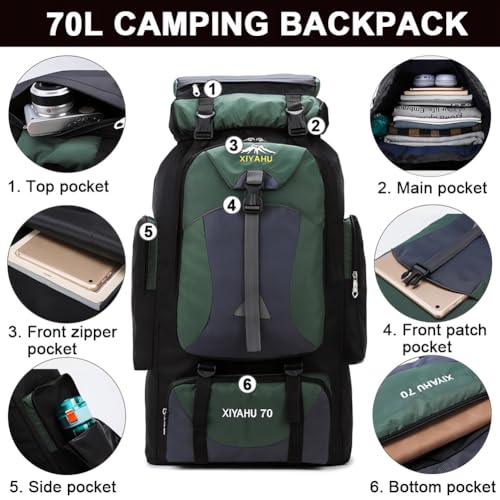 Kabxhueo 70L Zaino Da Trekking Impermeabile Per Uomo E Donna | Grande Capacità Per Escursionismo, Campeggio & Arrampicata | Zaino Ultraleggero Per Ciclismo, Viaggi E Sport Outdoor,Verde - 2