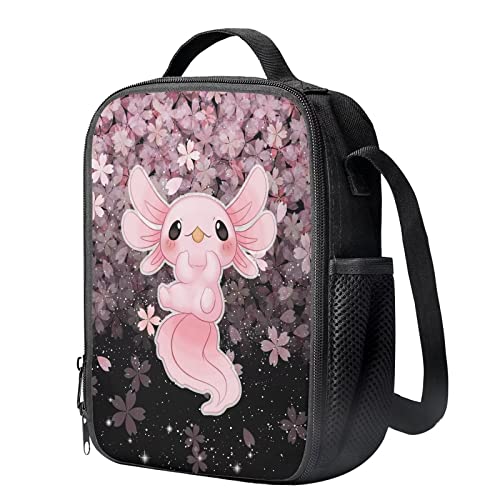 HELLHERO Cute Axolotl Lunch Bag Cherry Blossom Lunch Box Lunchbag Picnic Organzier Shoulder Tote Handbag for Adults Kids Girls School Daycare Office Beach Trip Camping - Image 2