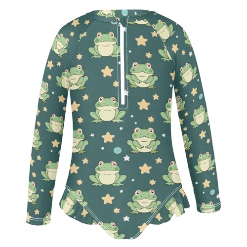 Cute Frog and Stars Girls Long Sleeve Swimsuit Rash Guard One Piece Bathing Suits Zipper 3-12T2