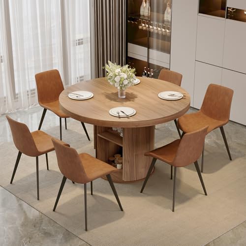 Image of HIPIHOM 43.3 inch Round Kitchen Table for 4-6 Modern Farmhouse with Storage Shelf, Waterproof Top for Small Space Dining, Office, Living Room (Walnut Color Table)