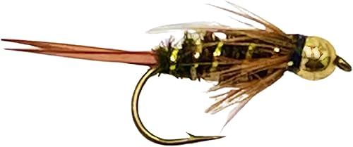 Prince Bead - Surtido de moscas de ninfa, una docena de moscas húmedas para pesca con mosca para trucha, lubina, cabeza de acero y más, 7 tamaños