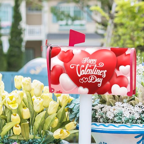 Image of Happy Valentine Mailbox Covers Magnetic Standard Size 21x18 Inch Red and Pink Love Heart Post Letter Box Wrap Sweet Valentines Day Dust-Proof Letterbox Cover for Home Outdoor Garden Decorations