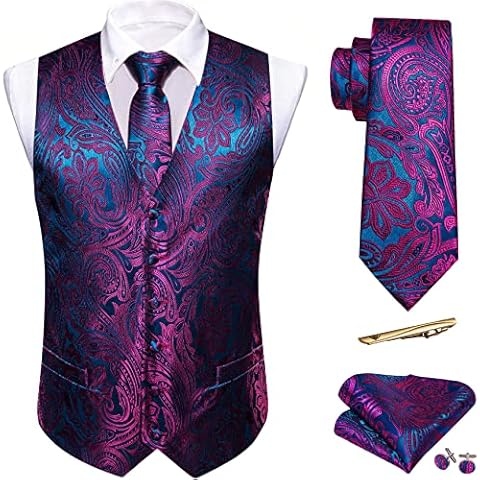 Barry.Wang Men Purple Blue Paisley Dress Vest Matched Tie Set Suit Waistcoat Formal Wedding 5PCS Cover
