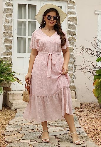 Image of Nemidor Plus Size Women Casual Maxi Dresses Print Bobo Belted Layered Chiffon Summer Long Dress with Ruffle Sleeve