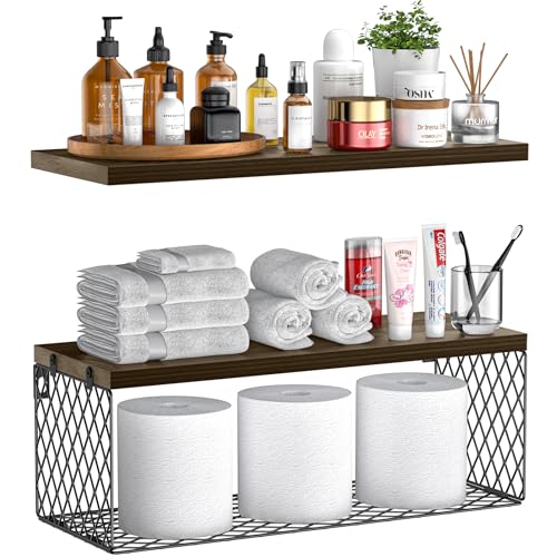 ausyde Floating Shelves Wall Mounted with Storage Basket, Bathroom Shelves for Wall,Rustic Wood Shelves for Bedroom,Living Room,Kitchen,Wall Decor,Plants,Books (Brown)