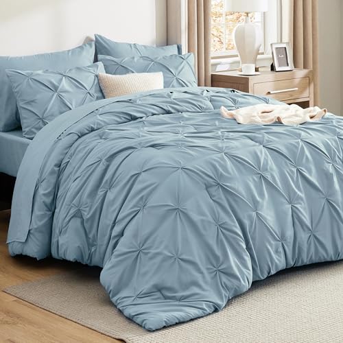 Image of Bedsure Queen Comforter Set Light Blue - Bed in a Bag Queen Size Bedding 7 Pieces, GentleSoft Pintuck Bed Set Gift for Family, All Season Down Alternative Comforter with Sheets, Pillowcases & Shams