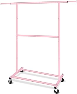 Pink Simple Standard Double Rod Rolling Clothing Garment Rack for Hangin...
