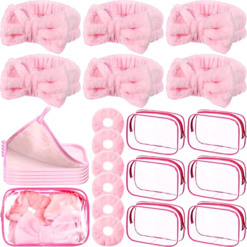 24 Pieces Sleepover Party Supplies Spa Party Favors 6 Spa Headband 6 Velvet Scrunchies 6 Makeup Remover Cloth 6 Clear Cosmetic Bags for Slumber Gift(Pink)