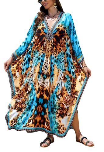 Image of IMAGEKOPE Women's Plus Size Animal Print V-Neck Batwing Kaftan Beach Dress Bathing Suit Cover-Up Loungewear