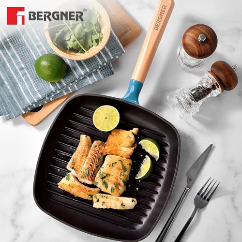 Image of BERGNER Excalibur Lightweight Cast Iron Square Grill Pan 24cm, Sturdy Wooden Handle, Non-Stick Coating, PFAS Free, Perfect Heat Distribution, Elegant Design - Induction Compatible (Blue)