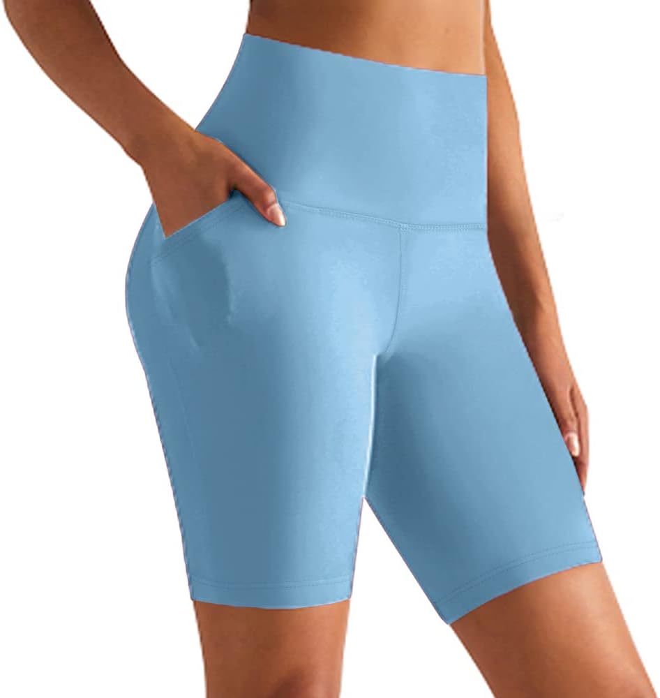 GROTEEN 8'' Biker Shorts Women with Pockets - High Waisted Tummy Control Yoga Workout Running Gym Spandex Shorts