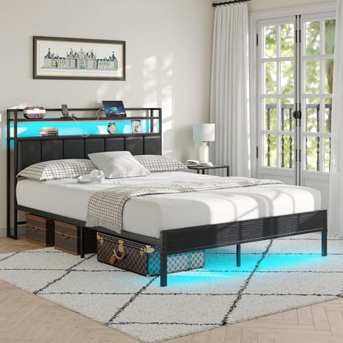 Image of Queen Size Bed Frame with Upholstered Headboard and 2-Tier Storage Shelves | Metal / Charging Station / LED Lights / Under Bed Storage / Non-slip / Noise Free / No Box Spring Needed / Black