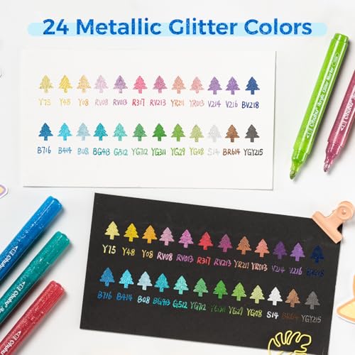 Image of Ohuhu Acrylic Glitter Markers, 24 Metallic Glitter Colors, Fine Tip Paint Pens for Fine Details & Shimmer Accents, Water-Based & Quick Dry, for DIY Crafts, Cards, Journals, Wood & Rock, Medium Tip 3mm