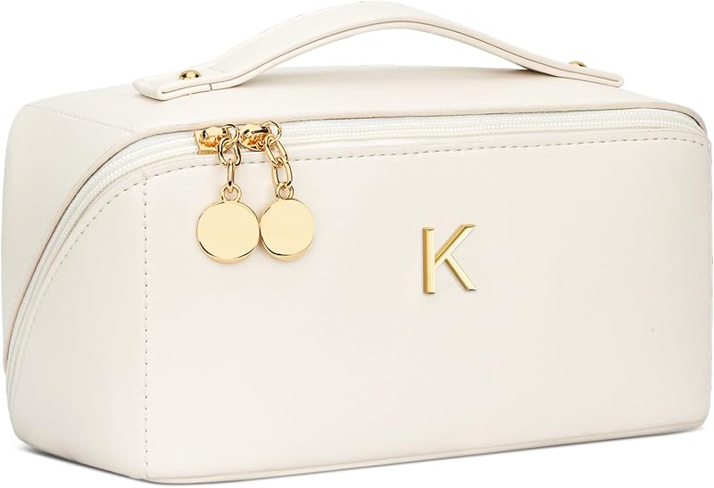 Necessaire de maquiagem dobrável CLOUDWINGS com iniciais metálicas personalizadas, bege, modelo K, 1 unidade